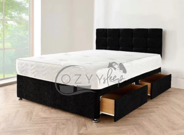 Chenille Black Bed Set With Drawers Storage-Divan Bed