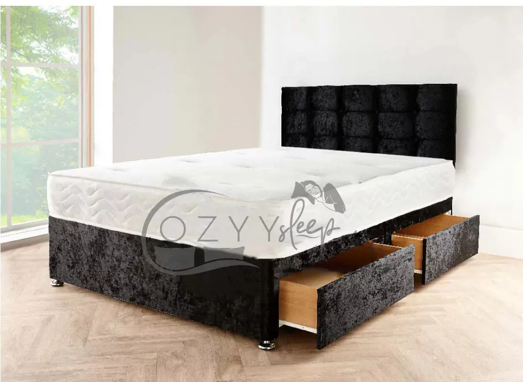 Black Crushed Velvet Bed Set with Drawers Storage, Headboard and Mattress