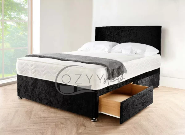 Cozyysleep Black Divan Bed with Mattress, Headboard & Drawer Storage