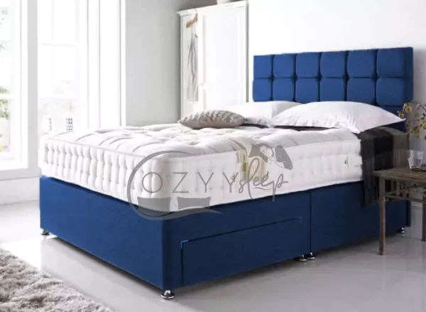 Linen Bed Frame - Blue Divan Beds with Mattress and Headboard