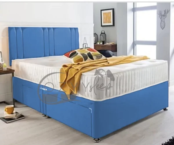 Linen Divan Blue Bed With Headboard, Mattress & Drawer Storage