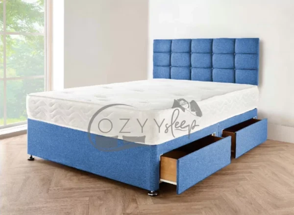 Linen Blue upholstered Bed with Headboard and Mattress - Divan Super King Bed Frame