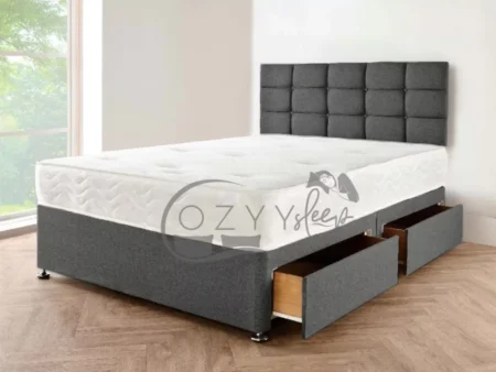 Linen Grey Divan Double Bed with Headboard & Mattress - Grey Single Bed With Storage