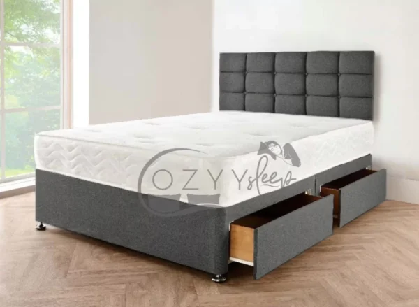 Linen Grey Divan Double Bed with Headboard & Mattress - Grey Single Bed With Storage