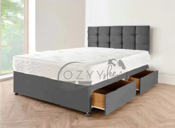 Dark Grey Suede Divan Bed Set with Foot end Drawer - Available in All Sizes