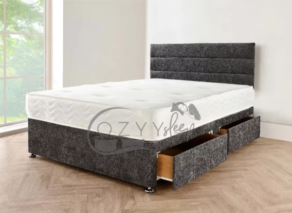 Divan Charcoal Chenille Storage Bed Set With Headboard - Black Divan Bed Sale UK