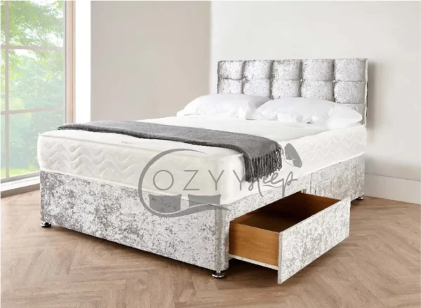 Crushed Silver Velvet Divan Beds Set with Headboard