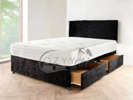 Black crushed velvet divan bed with memory mattress & headboard - cozyysleep.co.uk