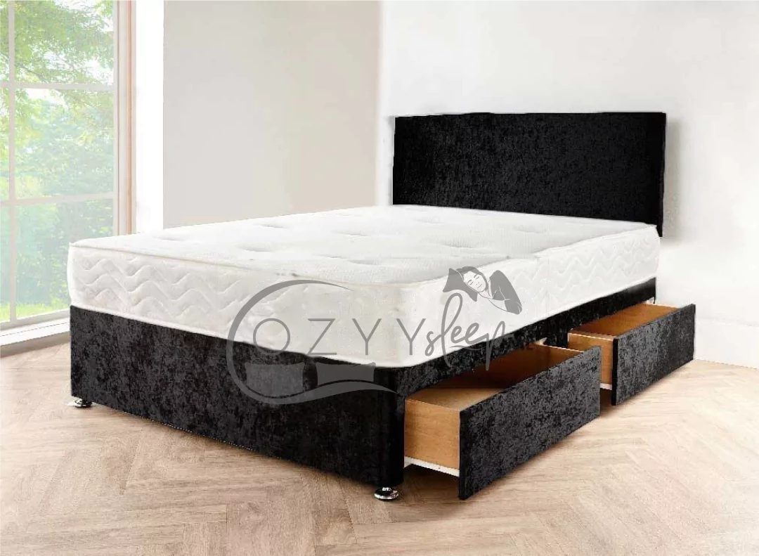 Black Crushed Velvet Divan Bed with Memory Mattress & Headboard