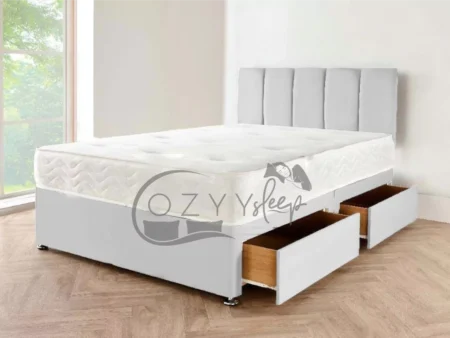 Grey Suede Divan Bed Set With Mattress, Headboard & Drawer Storage