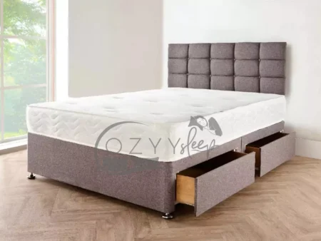 Linen Look Grey Divan Bed with Headboard, Mattress & Drawer Storage