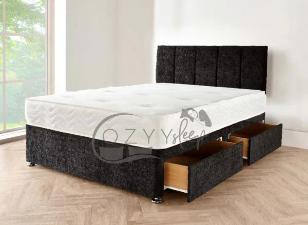 Designer Crushed Velvet Black Divan Bed With Mattress, Headboard & Drawer Storage