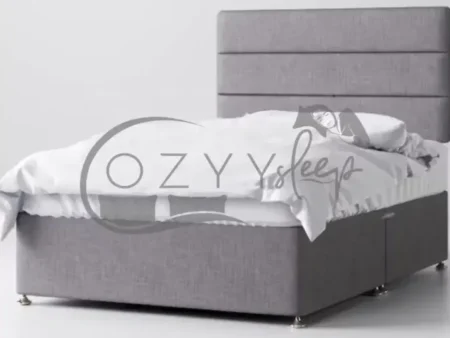 Grey Storage Bed Set With Horizontal Lined Headboard - cozyysleep.co.uk