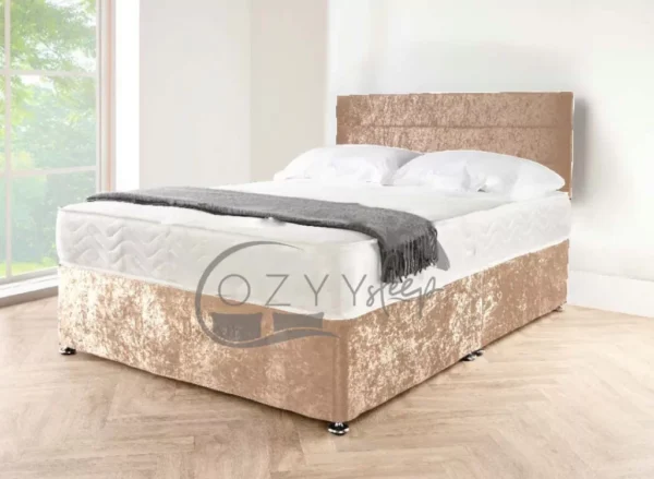 Mink Crushed Velvet Bed With Headboard, Mattress & Drawers Storage