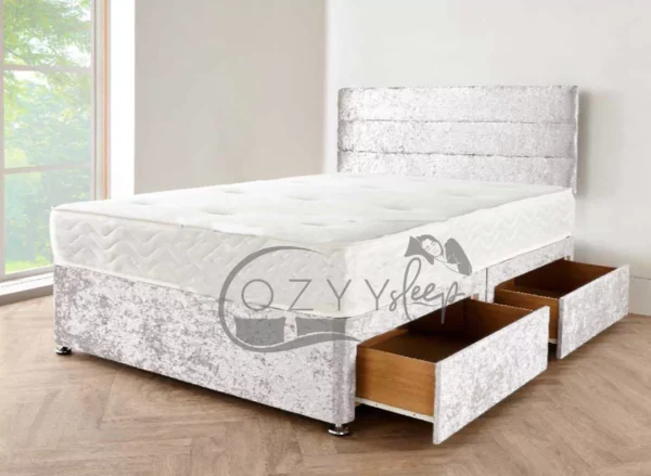 Cozyysleep Crushed Velvet Silver Divan Bed With Mattress, Headboard & Drawer Storage