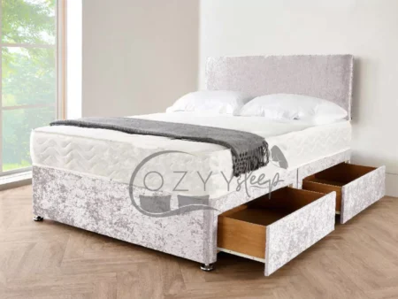 Modern Silver Crushed Velvet Divan Bed With Headboard, Mattress & Drawer Storage