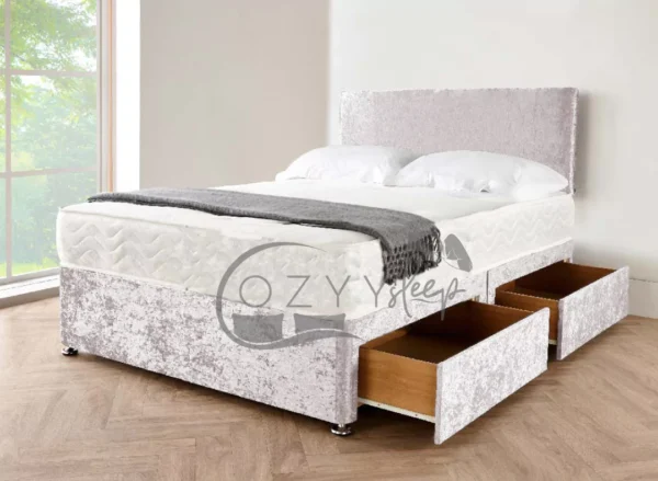 Modern Silver Crushed Velvet Divan Bed With Headboard, Mattress & Drawer Storage